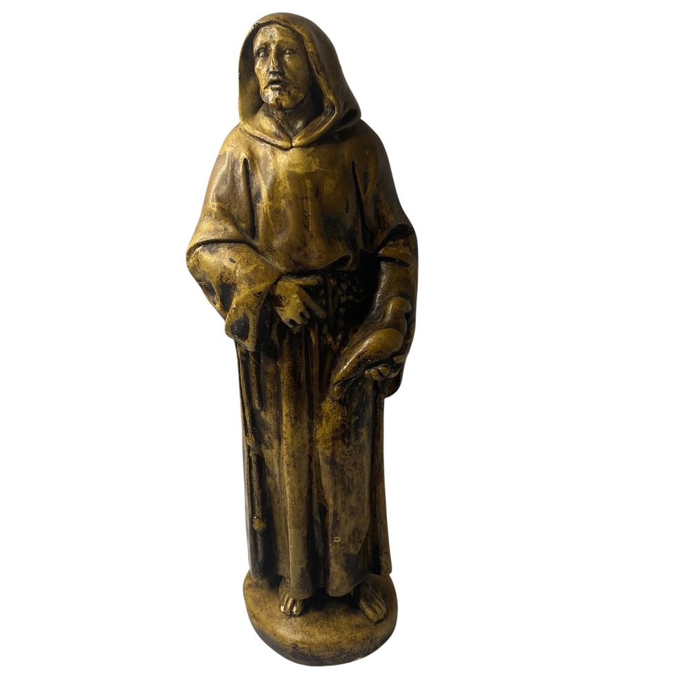 Vintage Saint Francis of Assisi Garden Statue Antiqued Gold Religious Figurine